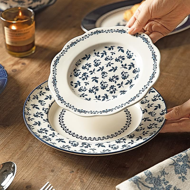 Dinnerware Set, Blue Manor 18-Piece Ceramic Dishware Set, Underglaze Floral Pattern, Premium Porcelain Dish Set for 6, Includes Plates & Bowls, Dishwasher Safe