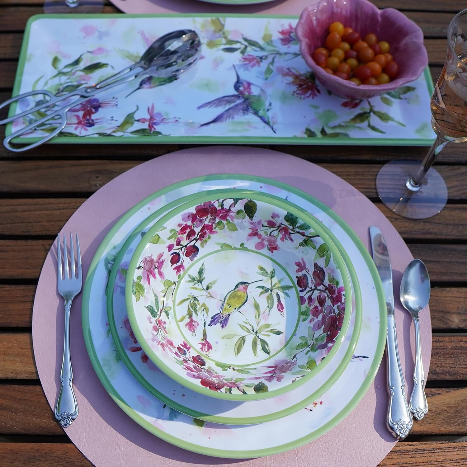 Hummingbirds 12-Piece Melamine Dinnerware Set – Service for 4 with Dinner, Salad, and Bowls – Lightweight, Durable, Dishwasher Safe, Floral Hummingbird Design for Indoor & Outdoor Dining