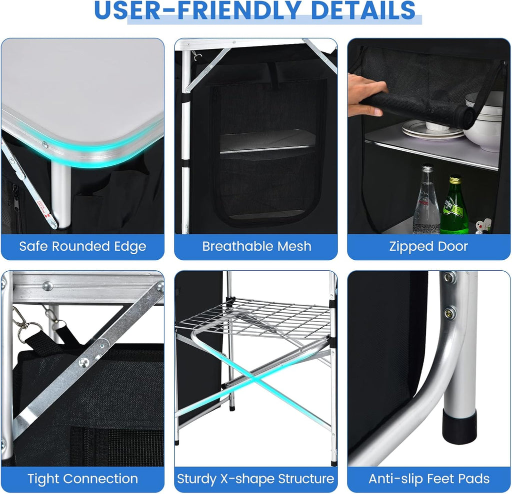 Folding Camping Table, 2-Tier Aluminum Camping Kitchen Table with Windscreen, Cook Station, Portable Camp Cook Table with Storage Organizer Shelves, Carry Bag, Ideal for Picnic, BBQ, Party