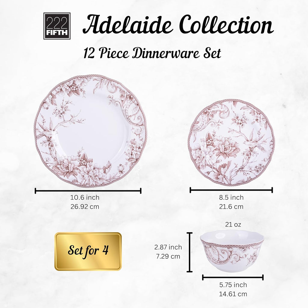Adelaide Brown on White 12-Piece Dinnerware Set – Service for 4, Big Dinner Plates and Bowls Sets,Durable Porcelain, Microwave and Dishwasher Safe, for Everyday Dining & Entertainment