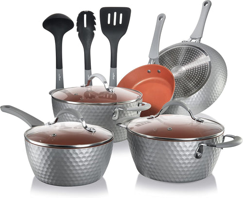 11 Piece Nonstick Ceramic Cookware Set - Pots and Pans Set with Ergonomic Handles, Induction Ready, Includes Saucepan, Dutch Oven, Large & Small Fry Pans