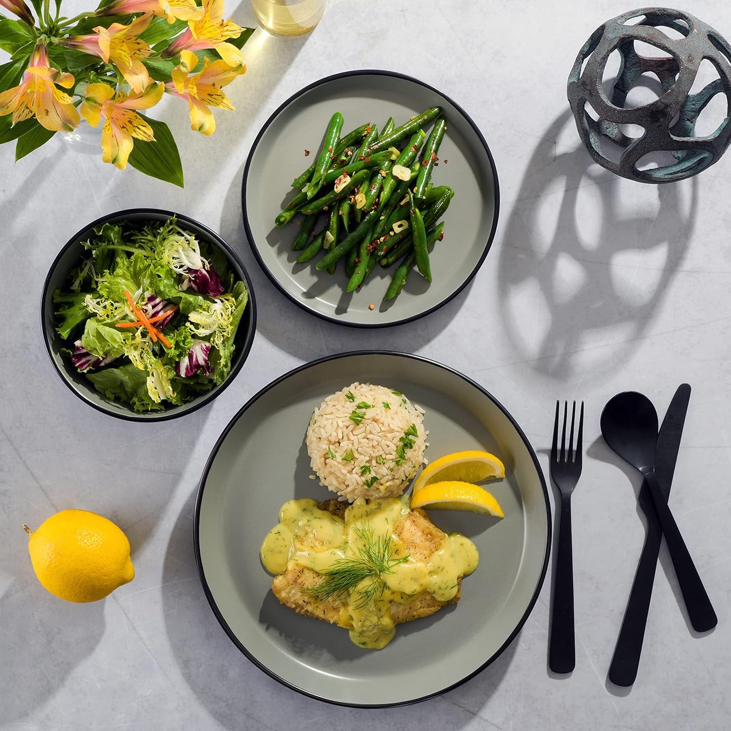 Sofia Coupe 12-Piece Stoneware Dinnerware Set, Service for 4 – Grey Plates and Bowls