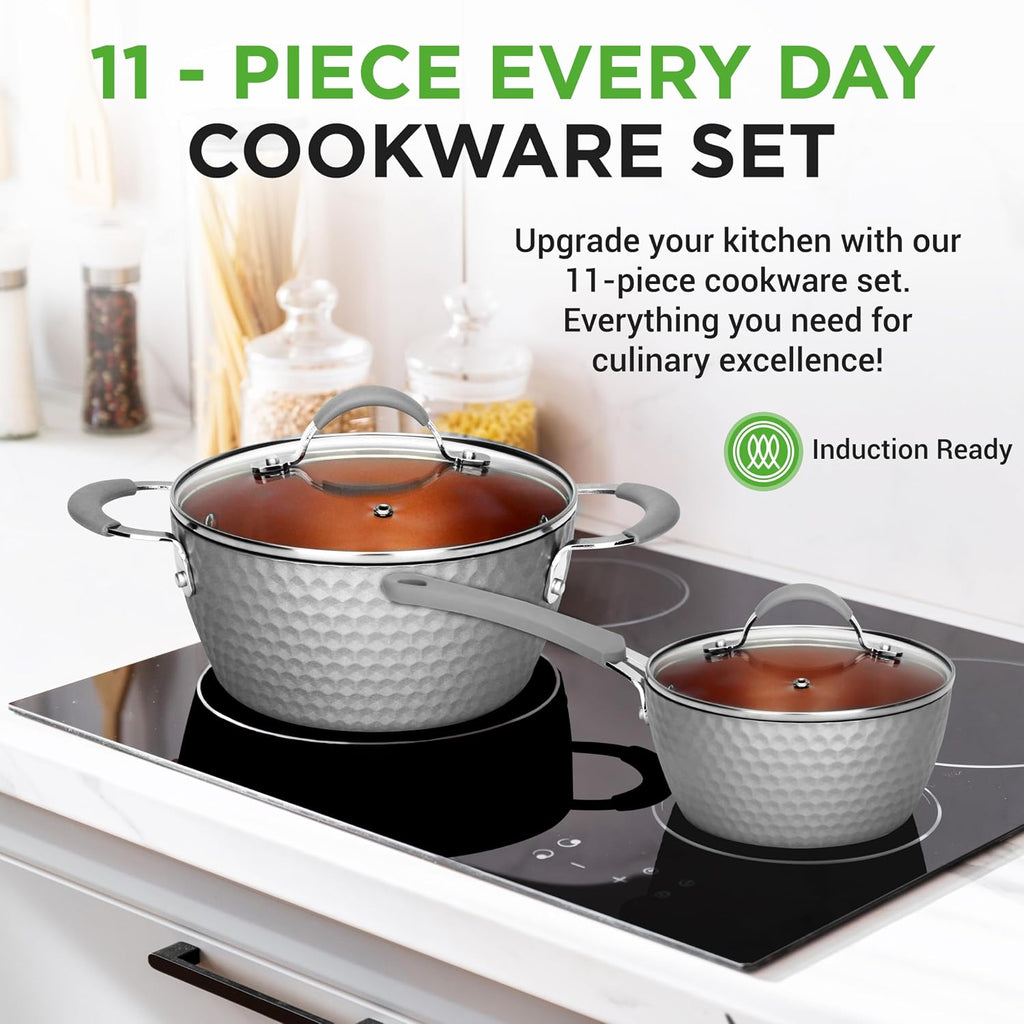 11 Piece Nonstick Ceramic Cookware Set - Pots and Pans Set with Ergonomic Handles, Induction Ready, Includes Saucepan, Dutch Oven, Large & Small Fry Pans