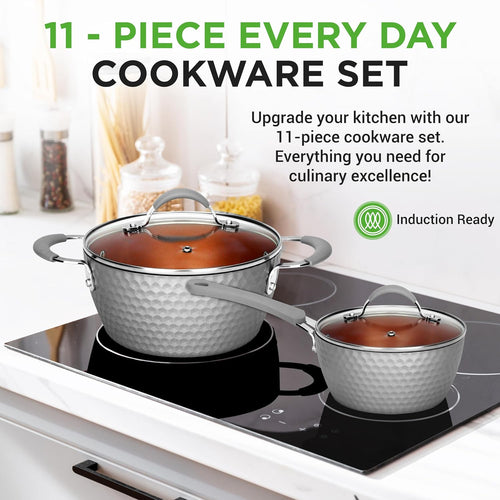 11 Piece Nonstick Ceramic Cookware Set - Pots and Pans Set with Ergonomic Handles, Induction Ready, Includes Saucepan, Dutch Oven, Large & Small Fry Pans