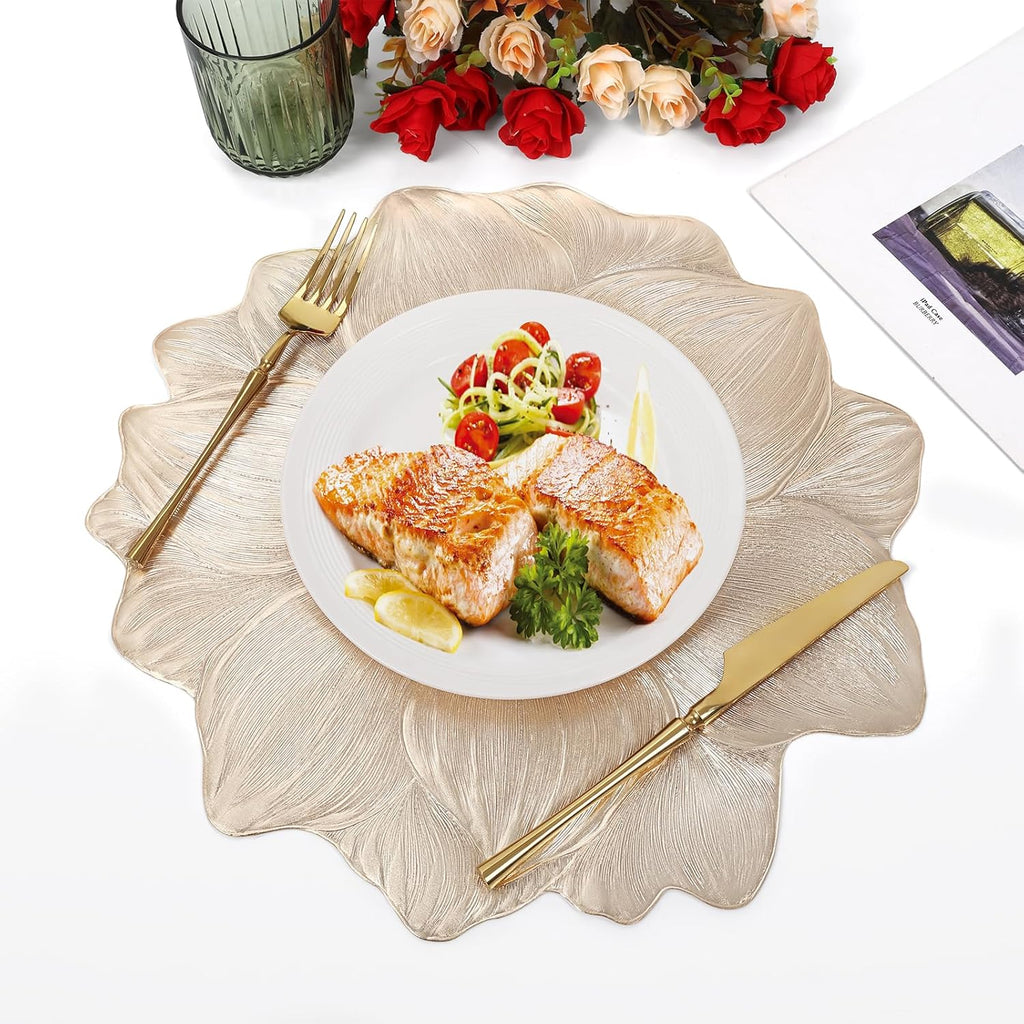 Gold Metallic round Placemats 15" Set of 6, Pressed Lotus Flower Design, Washable & Non-Slip Vinyl - Perfect for Dinner, Holiday, Wedding Decor & Party Table Settings