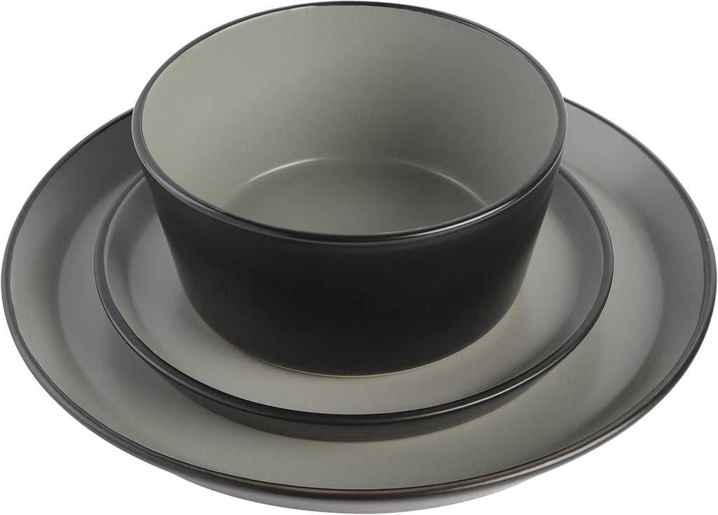 Sofia Coupe 12-Piece Stoneware Dinnerware Set, Service for 4 – Grey Plates and Bowls