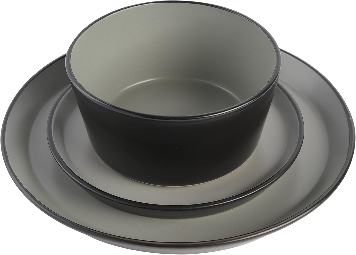 Sofia Coupe 12-Piece Stoneware Dinnerware Set, Service for 4 – Grey Plates and Bowls