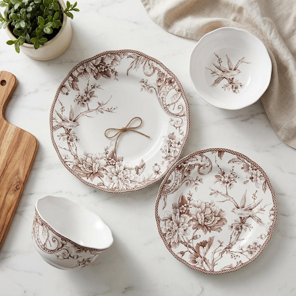 Adelaide Brown on White 12-Piece Dinnerware Set – Service for 4, Big Dinner Plates and Bowls Sets,Durable Porcelain, Microwave and Dishwasher Safe, for Everyday Dining & Entertainment