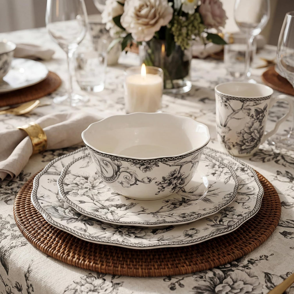 Adelaide 16-Piece Casual Grey Porcelain Dinnerware Set – Service for 4, Classic Toile Bird & Floral Design, Microwave & Dishwasher Safe, for Everyday Dining & Entertainment