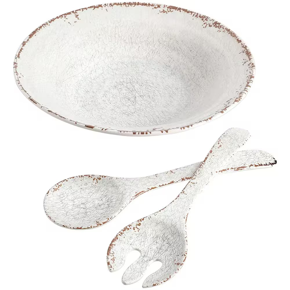 Mauna 14 In. 30 Fl.Oz. White Melamine Serving Bowl Set with Serving Utensils (Set of 3)