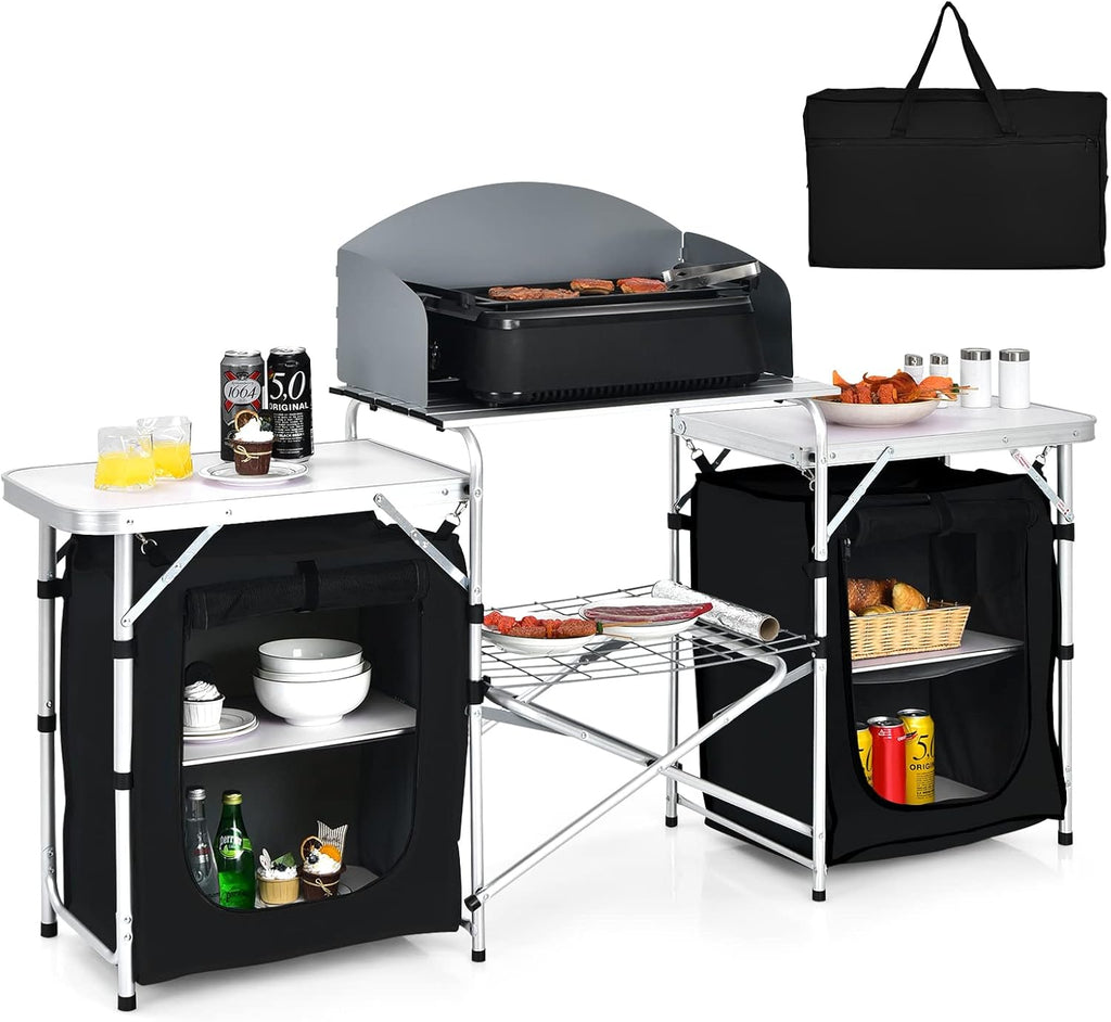 Folding Camping Table, 2-Tier Aluminum Camping Kitchen Table with Windscreen, Cook Station, Portable Camp Cook Table with Storage Organizer Shelves, Carry Bag, Ideal for Picnic, BBQ, Party