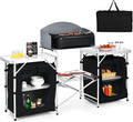 Folding Camping Table, 2-Tier Aluminum Camping Kitchen Table with Windscreen, Cook Station, Portable Camp Cook Table with Storage Organizer Shelves, Carry Bag, Ideal for Picnic, BBQ, Party