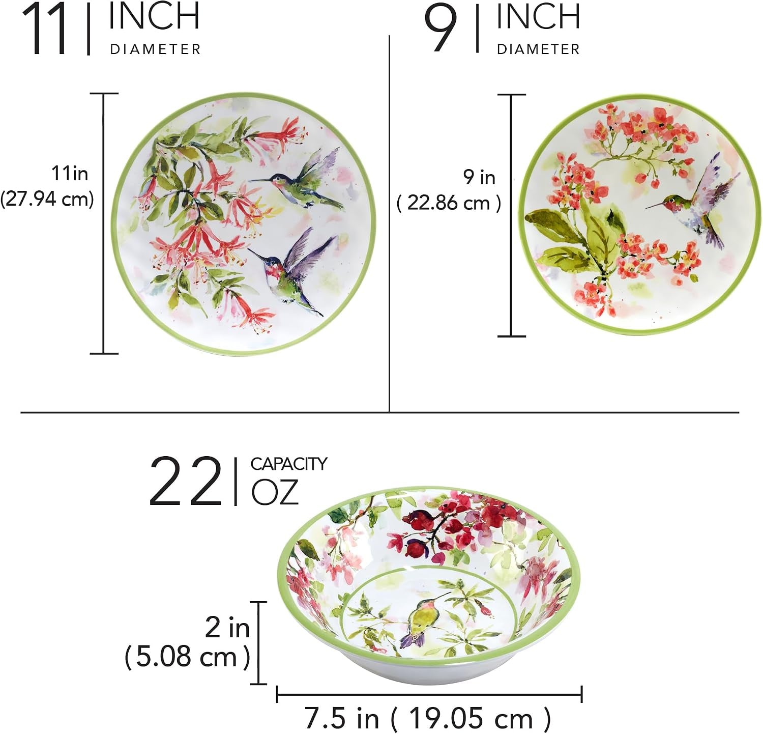 Hummingbirds 12-Piece Melamine Dinnerware Set – Service for 4 with Dinner, Salad, and Bowls – Lightweight, Durable, Dishwasher Safe, Floral Hummingbird Design for Indoor & Outdoor Dining