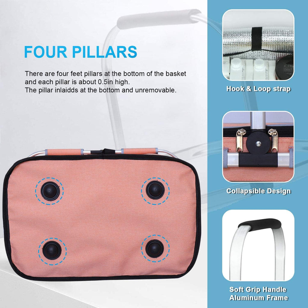 35L Large Picnic Basket 2 Layers of Internal Pockets Leak-Proof and Insulated ，Folding with Internal Support for Enhansed Stability, Wedding Gifts for Couple(Salmon Color)
