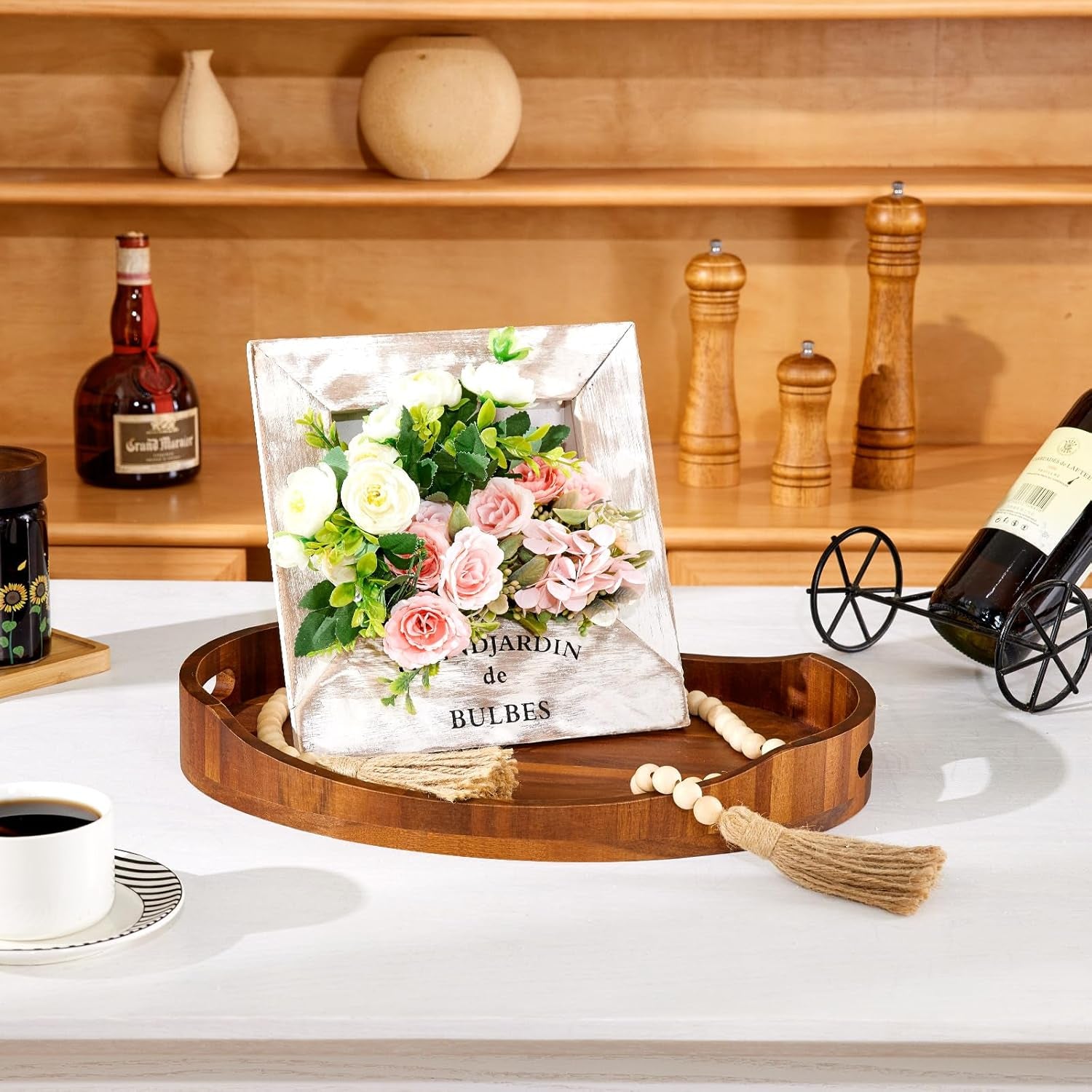 Acacia Wood Serving Tray with Handles, Decorative Ottoman Tray Platter for Breakfast in Bed, Living Room, Coffee Table, Lunch, Dinner, Bathroom, Candle Display,16.5"X13"