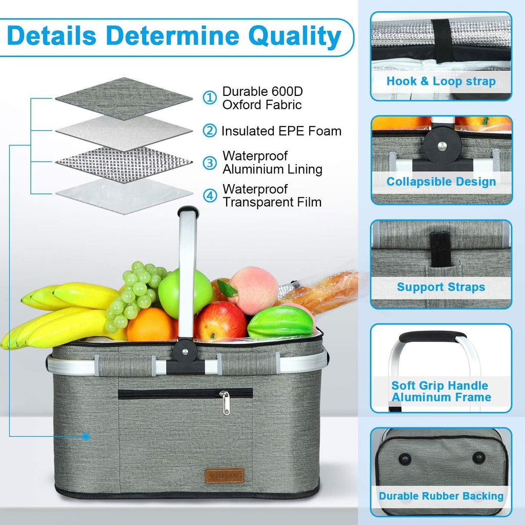 35L Large Picnic Basket 2 Layers of Internal Pockets Leak-Proof and Insulated ，Folding with Internal Support for Enhansed Stability, Wedding Gifts for Couple(Grey)