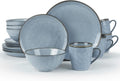 Ocean round Plates and Bowls Sets for Kitchen, 16-Piece Dinnerware Sets for 4, Mug Set for 4, Reactive Glaze, Blue
