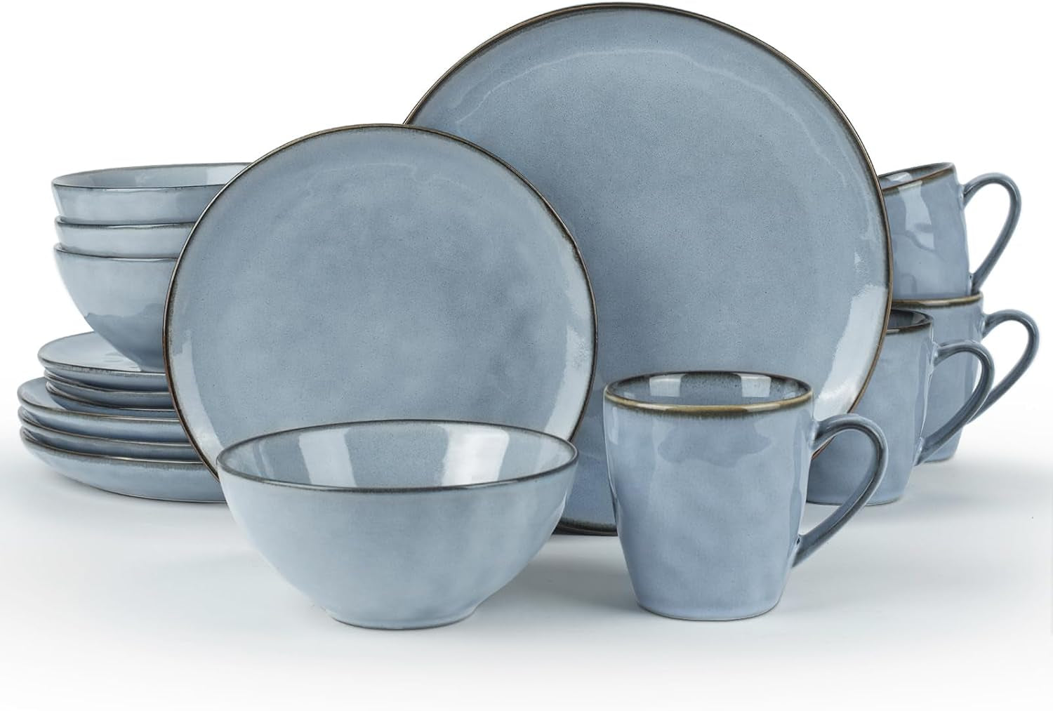 Ocean round Plates and Bowls Sets for Kitchen, 16-Piece Dinnerware Sets for 4, Mug Set for 4, Reactive Glaze, Blue
