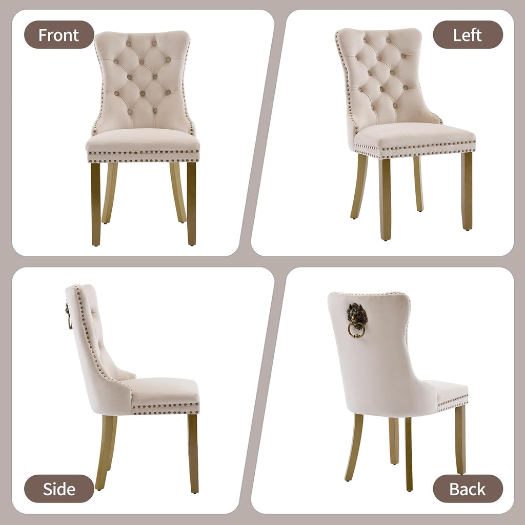Beige Velvet Dining Chairs Set of 4, Upholstered with Lion Head Pulls and Golden Solid Wood Legs, Modern Button Tufted Kitchen Chairs for Dining Room
