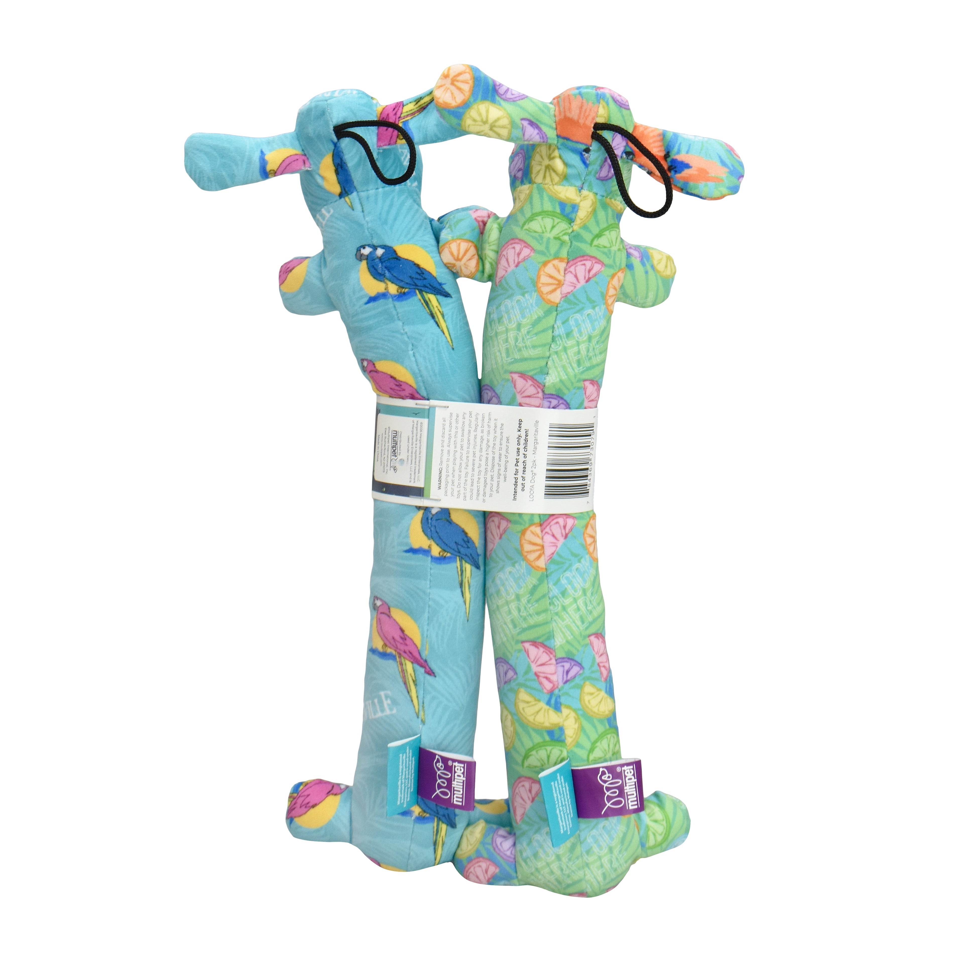 Margaritaville Summer Loofa Dog, Plush Dog Toy, 2 Pack with Tropical Patterns