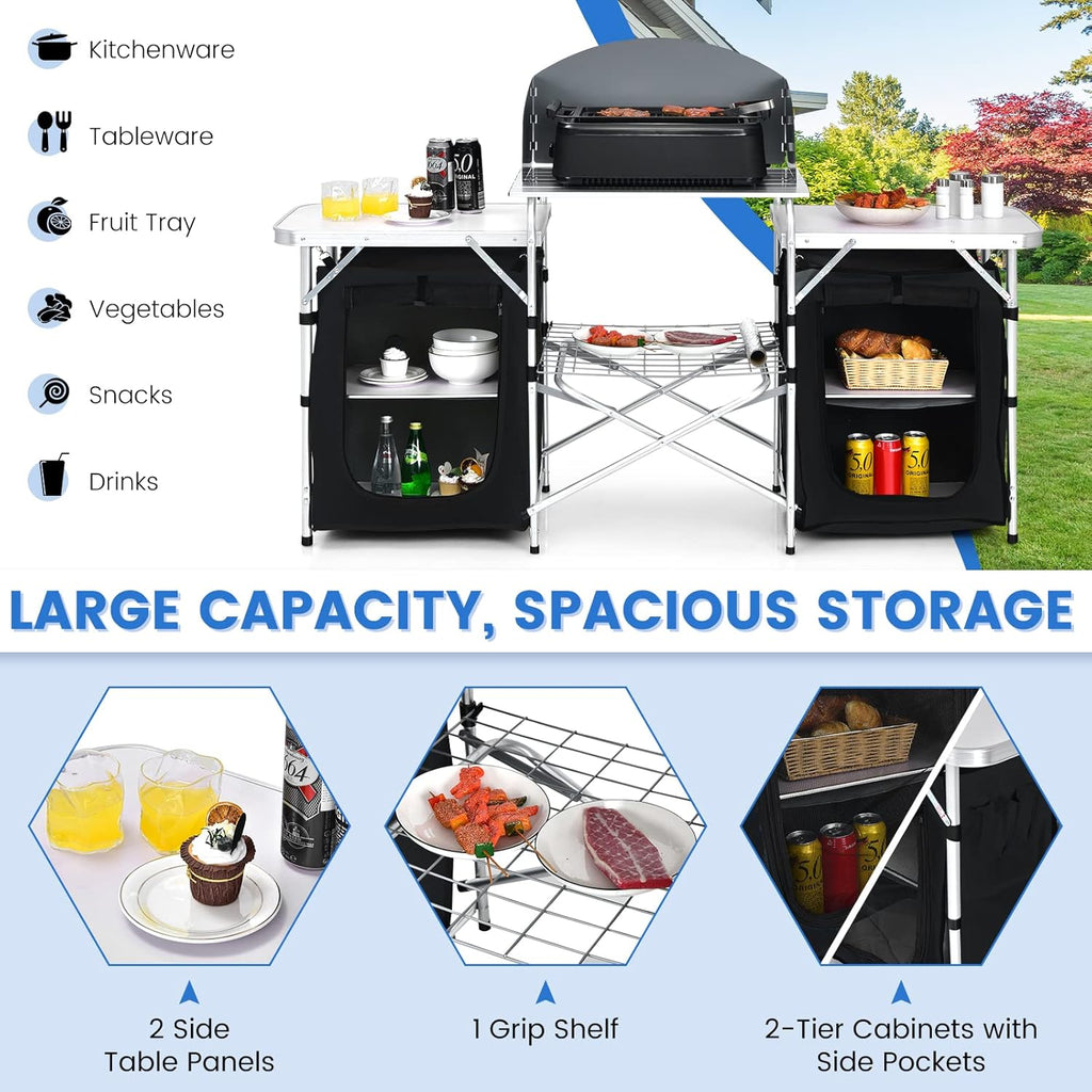 Folding Camping Table, 2-Tier Aluminum Camping Kitchen Table with Windscreen, Cook Station, Portable Camp Cook Table with Storage Organizer Shelves, Carry Bag, Ideal for Picnic, BBQ, Party
