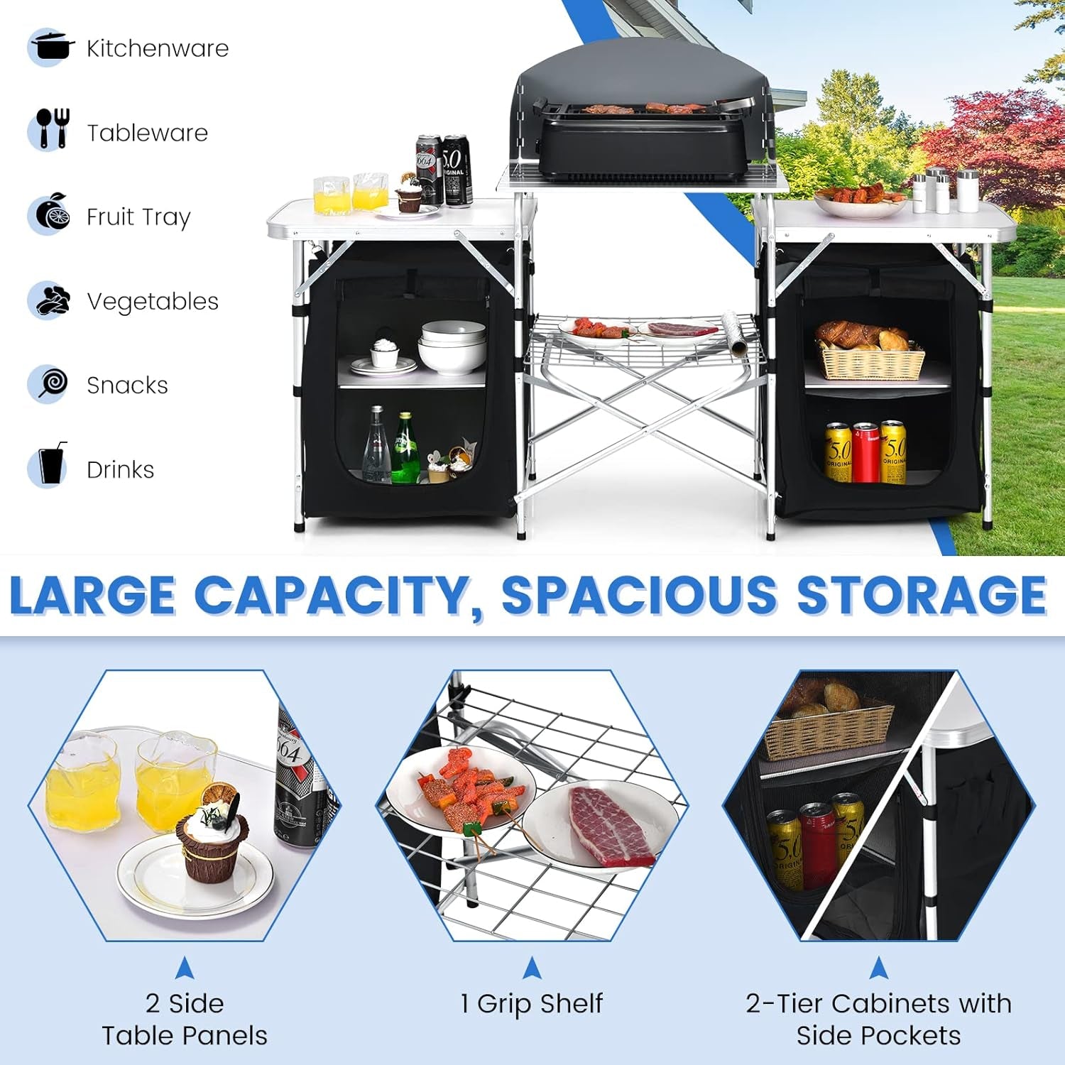 Folding Camping Table, 2-Tier Aluminum Camping Kitchen Table with Windscreen, Cook Station, Portable Camp Cook Table with Storage Organizer Shelves, Carry Bag, Ideal for Picnic, BBQ, Party