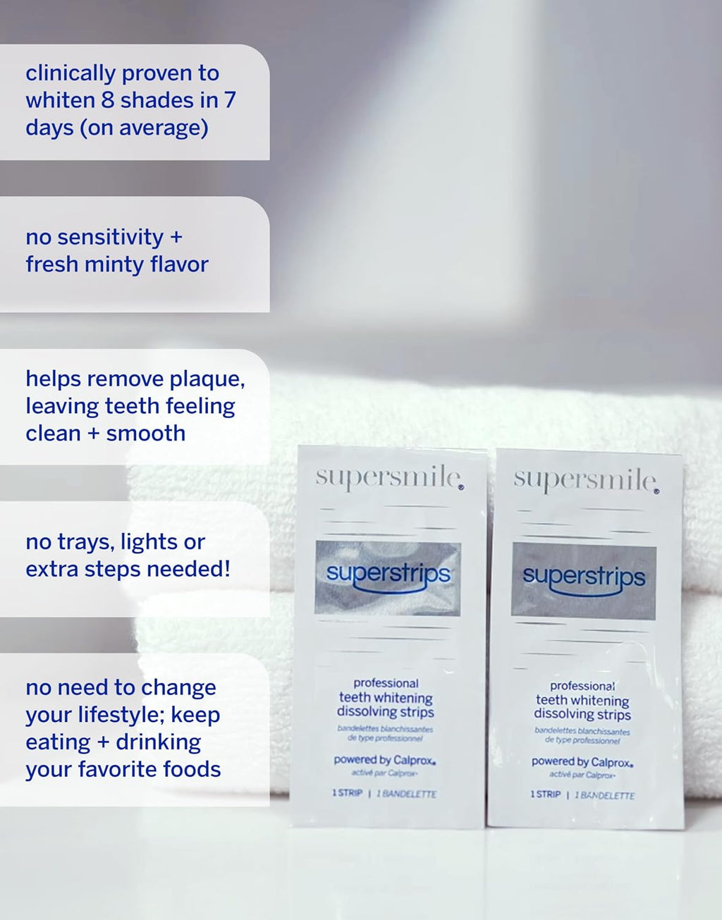 Superstrips & Professional Whitening System Kit, Dissolving Teeth Whitening Strips plus Toothpaste & Accelerator, Calprox®, Enamel Safe for Sensitive Teeth