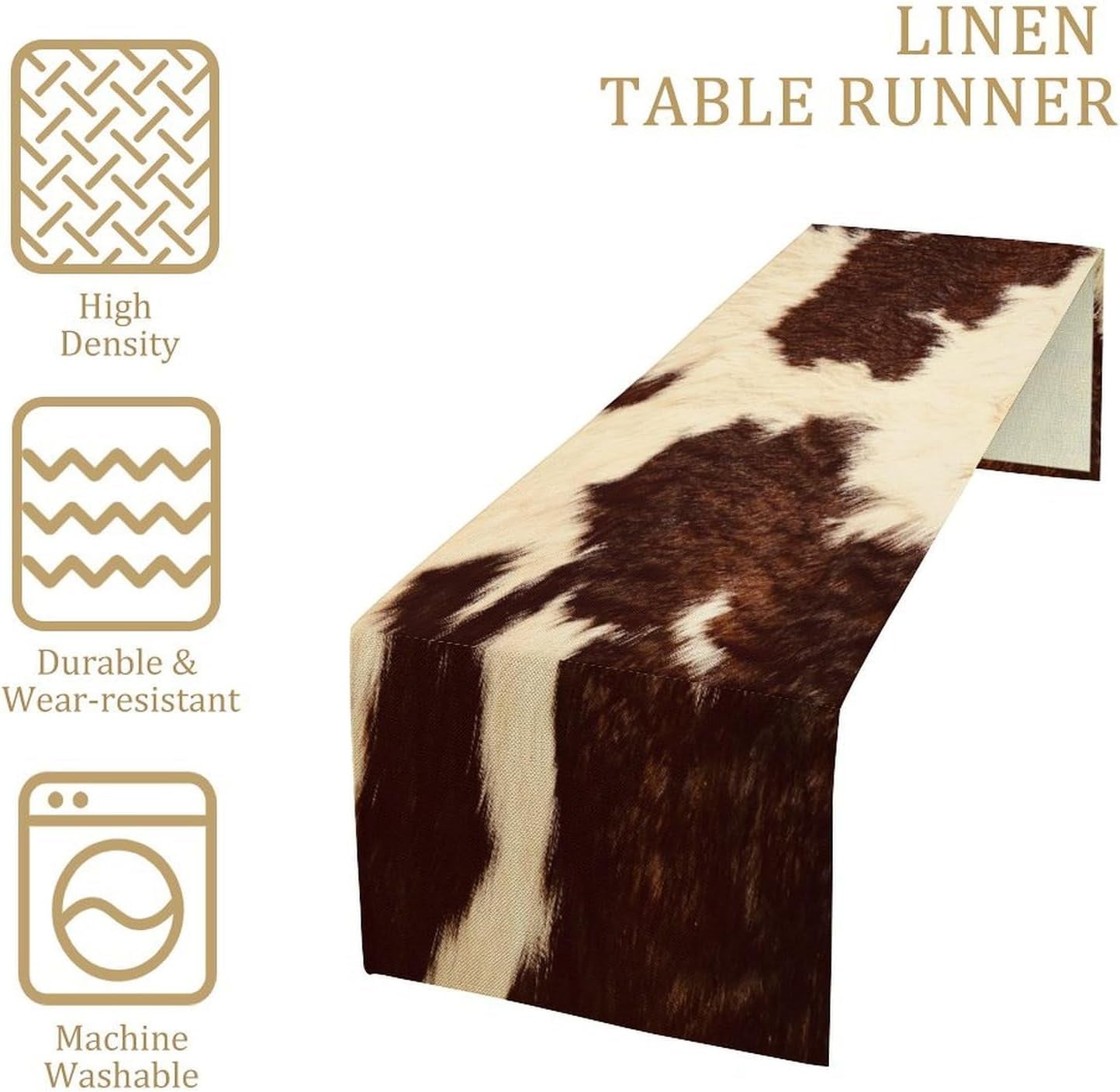 Brown Cow Print Faux Linen Rustic Table Runner, 13X90 Inch