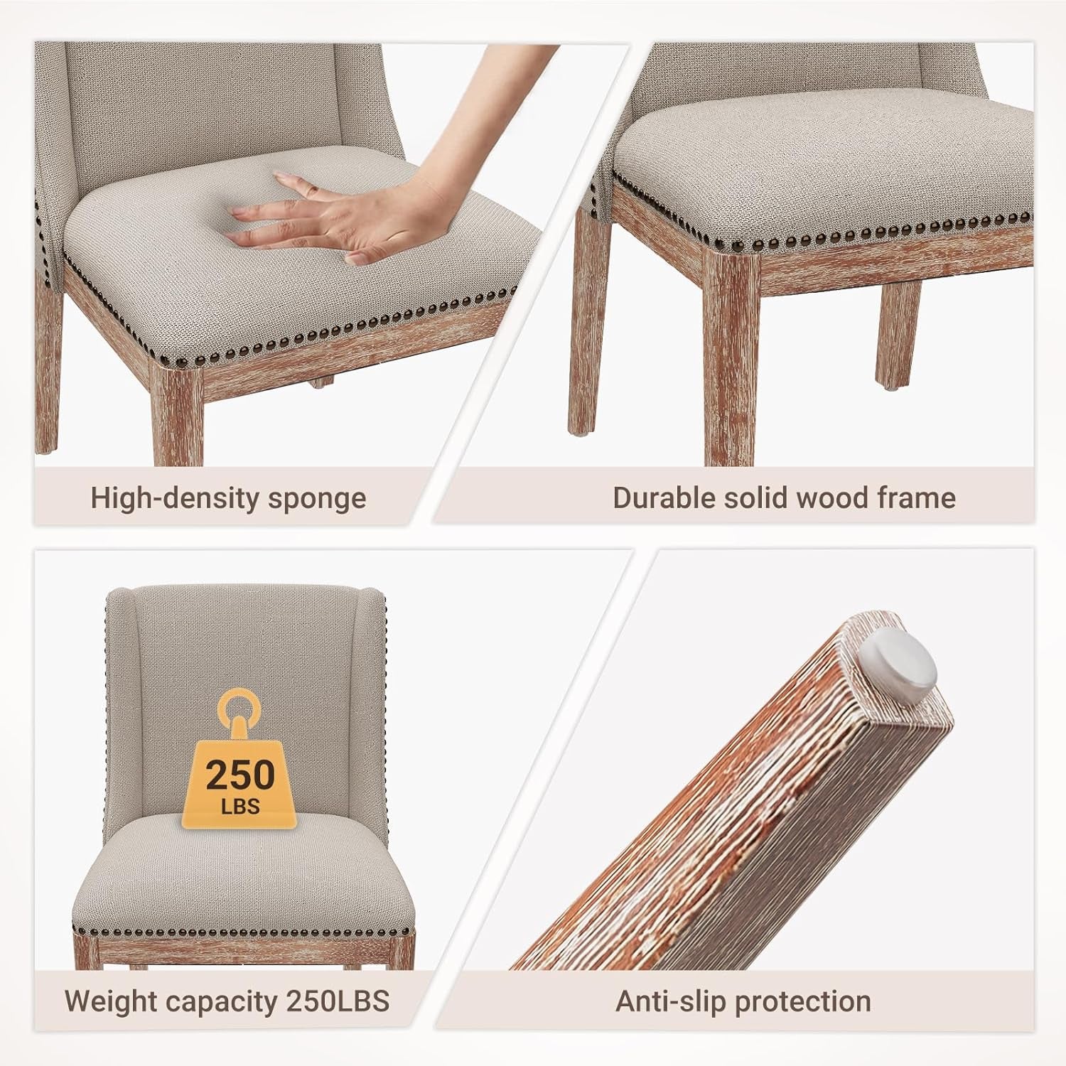 Dining Chair Set of 6, Fabric Upholstered Kitchen Side Chairs with Wooden Legs for Kitchen & Restaurant Use, Beige