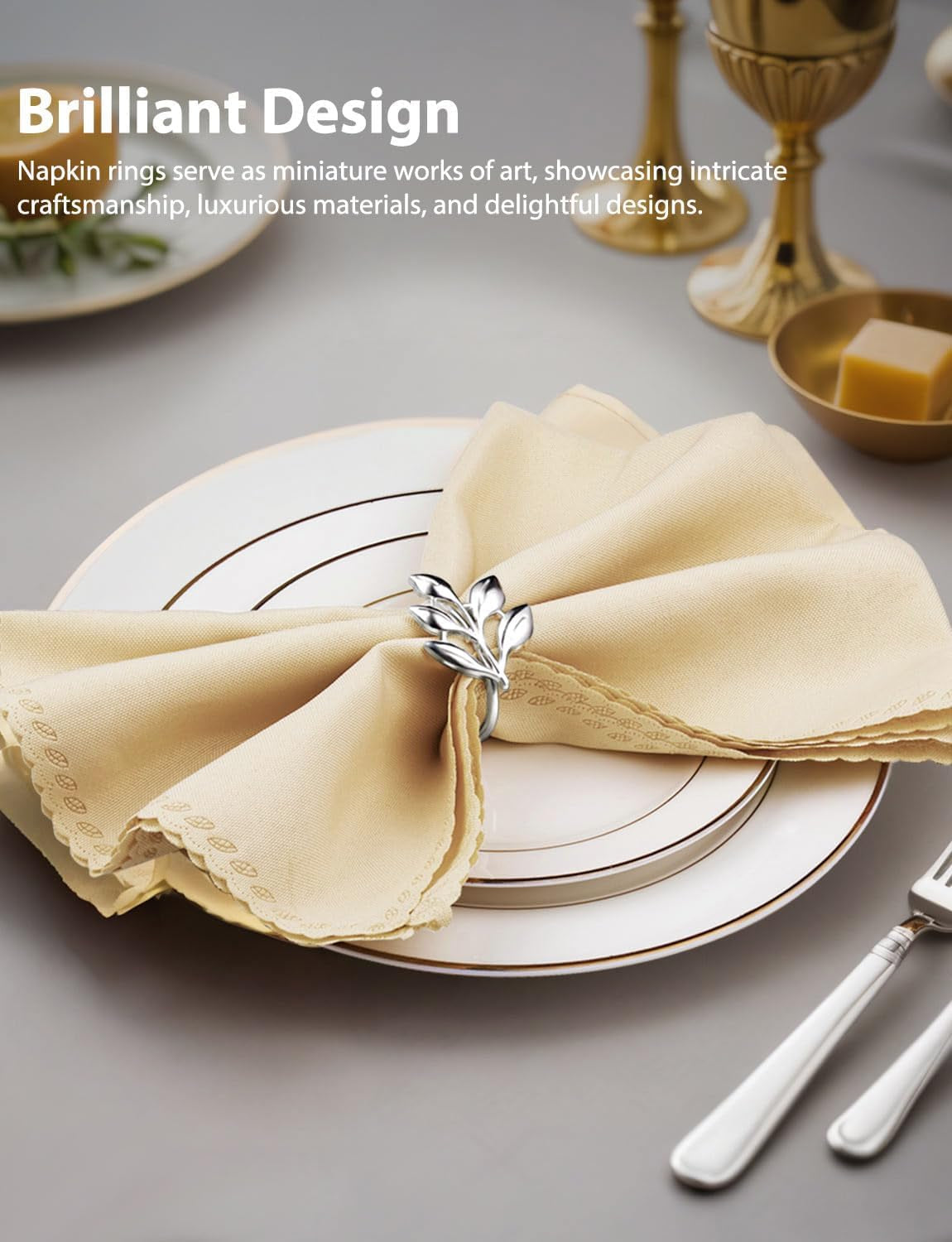 Leaf Napkin Ring Holder Set of 12 Silver Color Dining Table Décor for Wedding Party Dinner Banquet Thanksgiving Halloween (Silver 12Pcs)