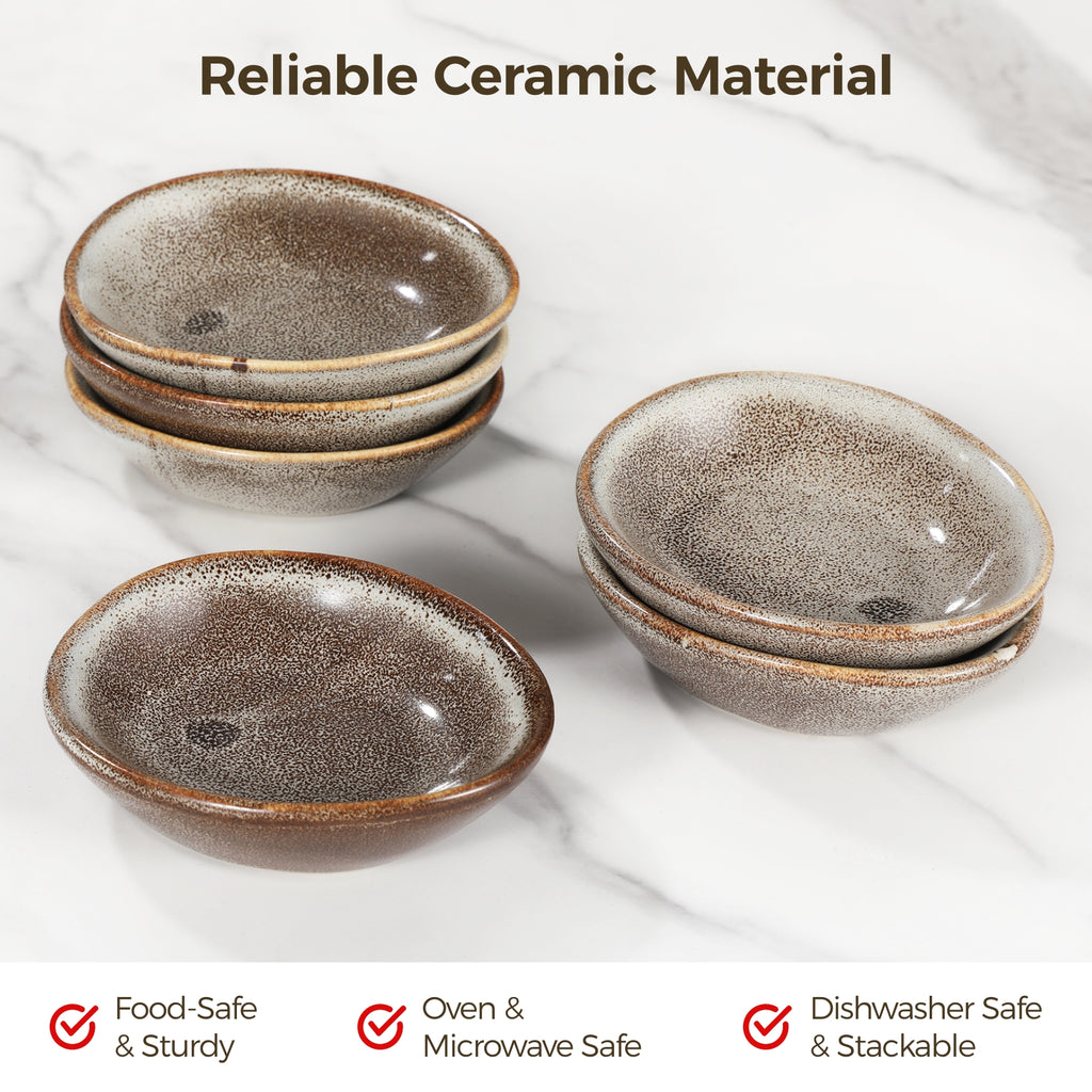 6 Pcs Ceramic Sauce Dishes, Vintage Dipping Bowls, Buffet Fruit Plates, Small Sauce Cups, Unique Serving Bowls for Condiment, Side Dishes, Appetizer, Snacks, Microwave and Oven Safe
