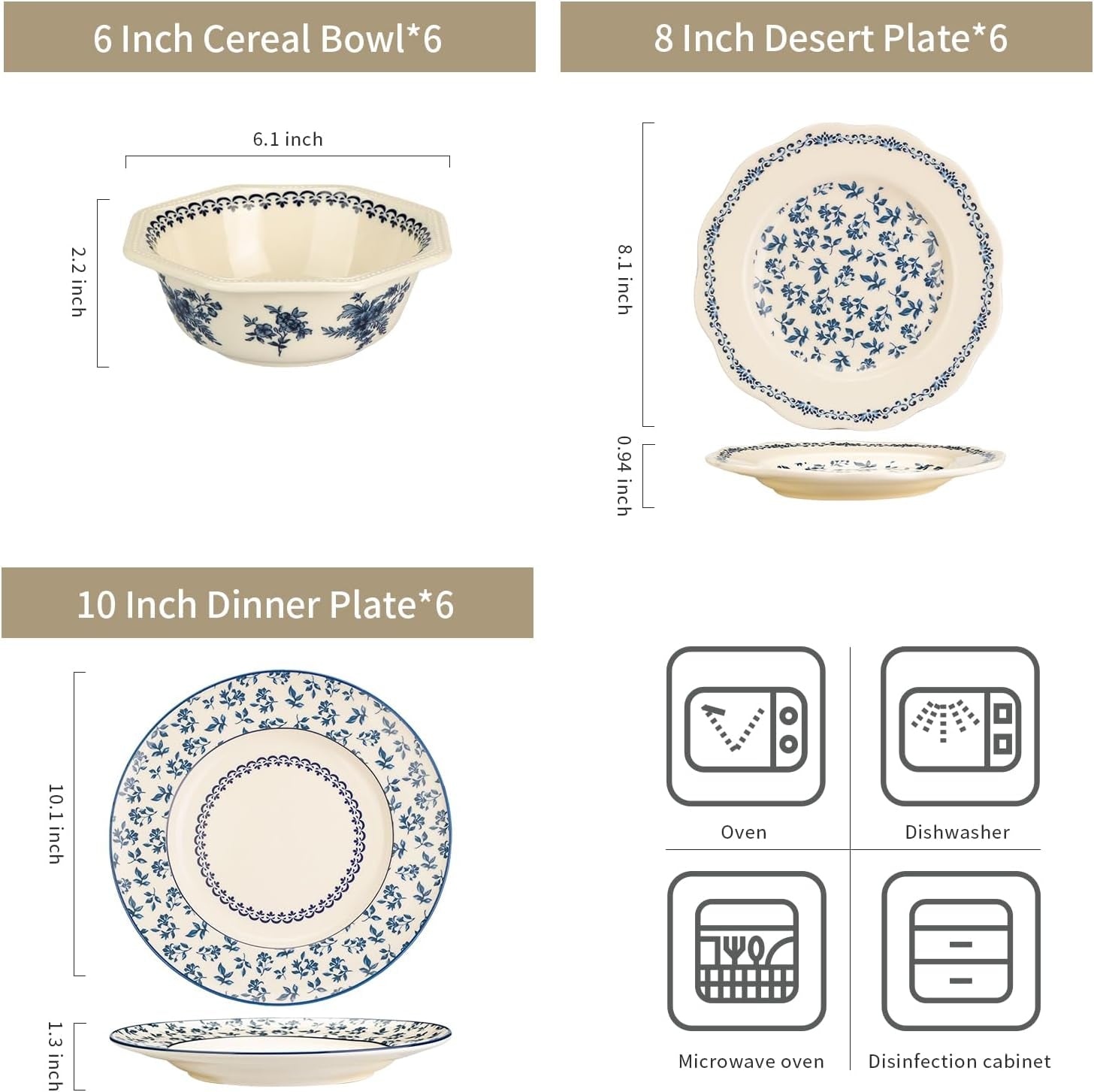 Dinnerware Set, Blue Manor 18-Piece Ceramic Dishware Set, Underglaze Floral Pattern, Premium Porcelain Dish Set for 6, Includes Plates & Bowls, Dishwasher Safe