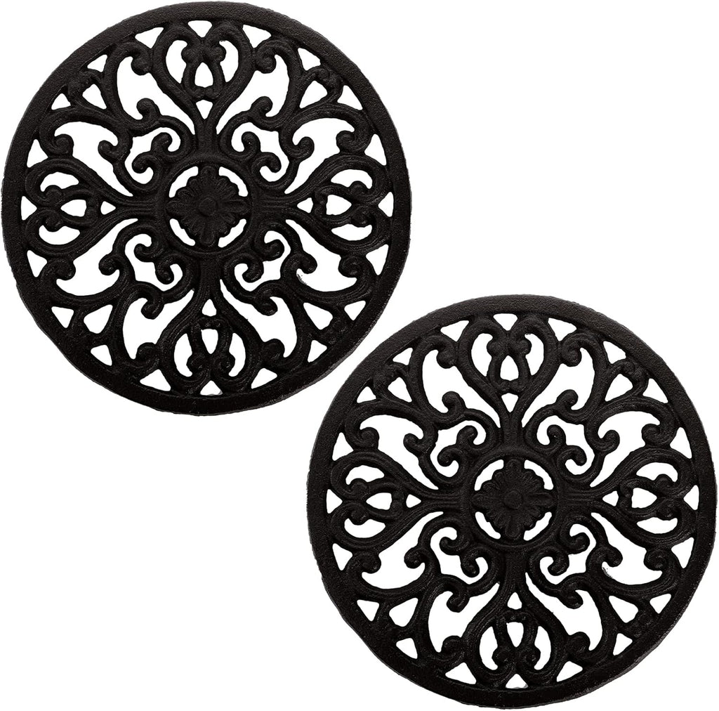 2 Pack Cast Iron Trivet, 6.8" Cast Iron round Trivet with Vintage Pattern and Rubber Pegs/Feet for Serving Hot Dish, Pot, Pans and Teapot on Kitchen Countertop or Dinning