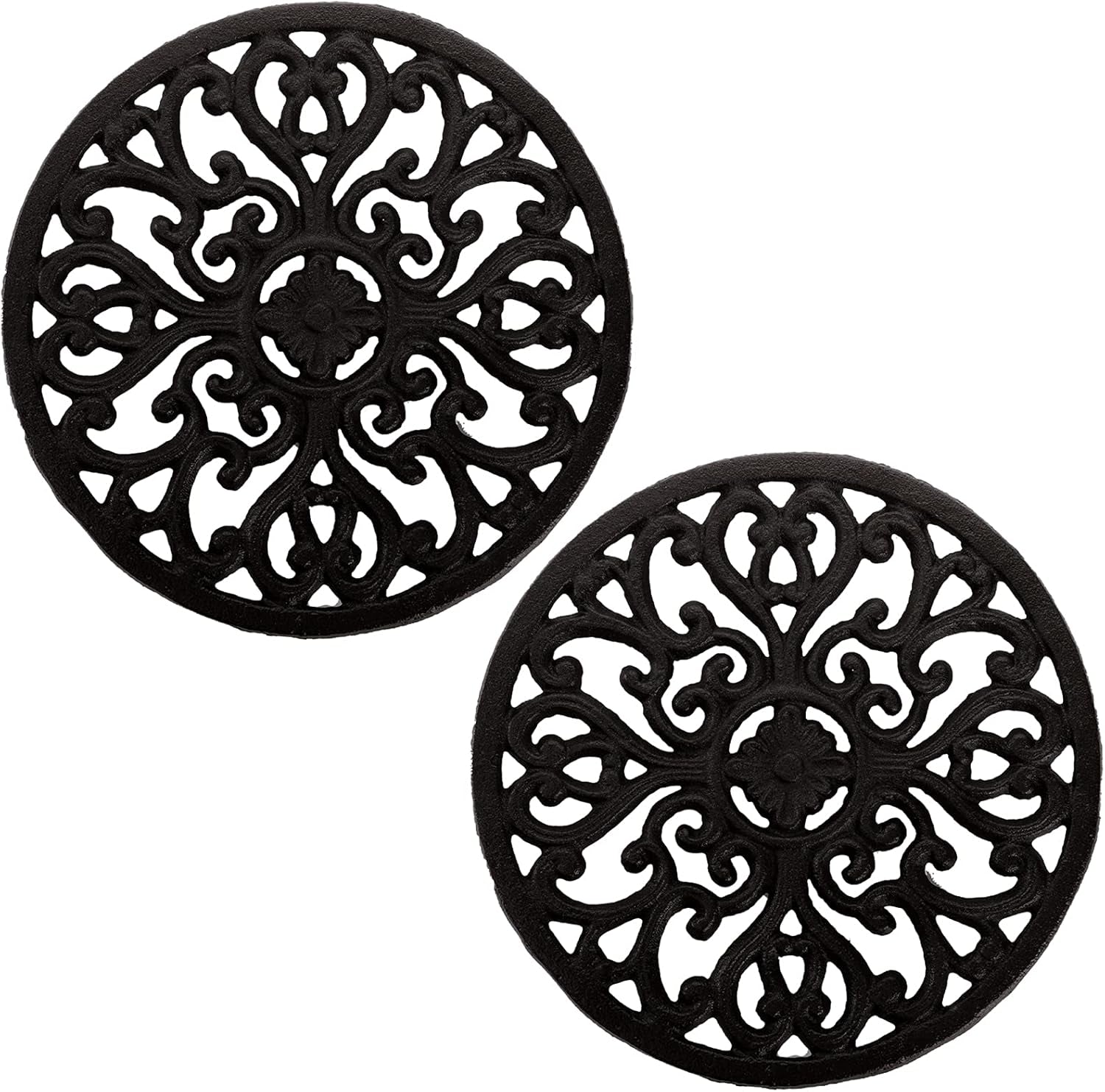 2 Pack Cast Iron Trivet, 6.8" Cast Iron round Trivet with Vintage Pattern and Rubber Pegs/Feet for Serving Hot Dish, Pot, Pans and Teapot on Kitchen Countertop or Dinning
