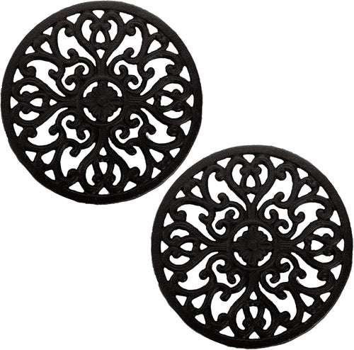 2 Pack Cast Iron Trivet, 6.8" Cast Iron round Trivet with Vintage Pattern and Rubber Pegs/Feet for Serving Hot Dish, Pot, Pans and Teapot on Kitchen Countertop or Dinning