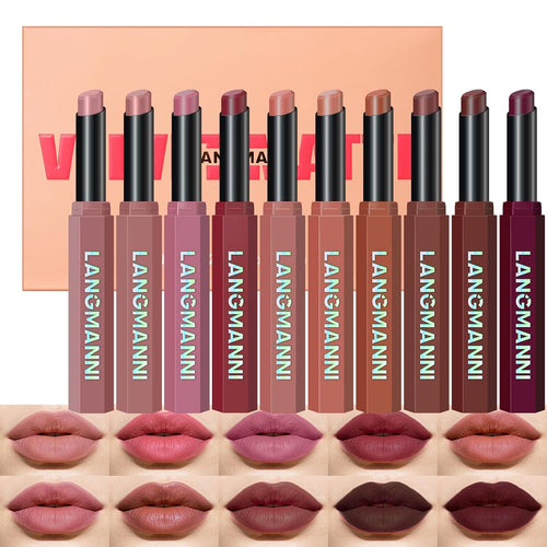 10Pcs Velvet Matte Lipstick Nude Matte Soft Dark Color Stick High Pigmented Long-Lasting Waterproof Lip Stick Lip Balm Beauty Cosmetics Gift for Women(Curated 10-Shade Set)