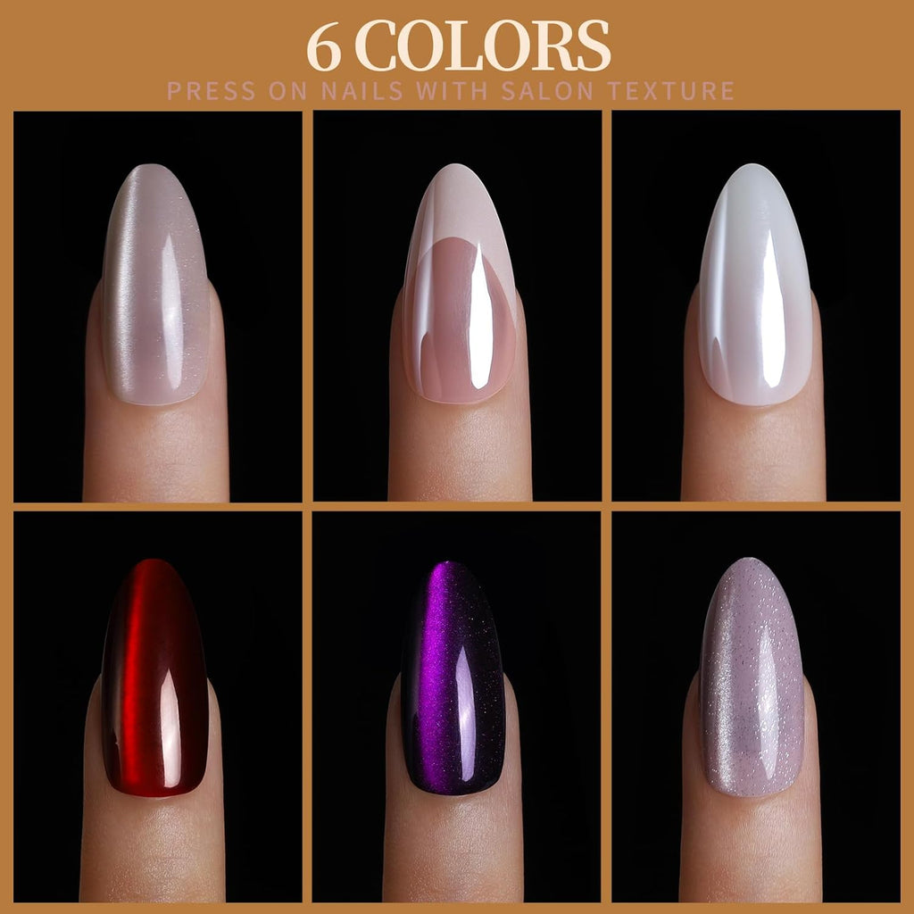 Press on Nails Almond, 6 Colors Cat Eye Press on Nails, Natural Fake Nails Glossy French Tip, Cat Eye Nails for Women Salon Quality, Christmas Iridescent Chrome Press on Nails Kit