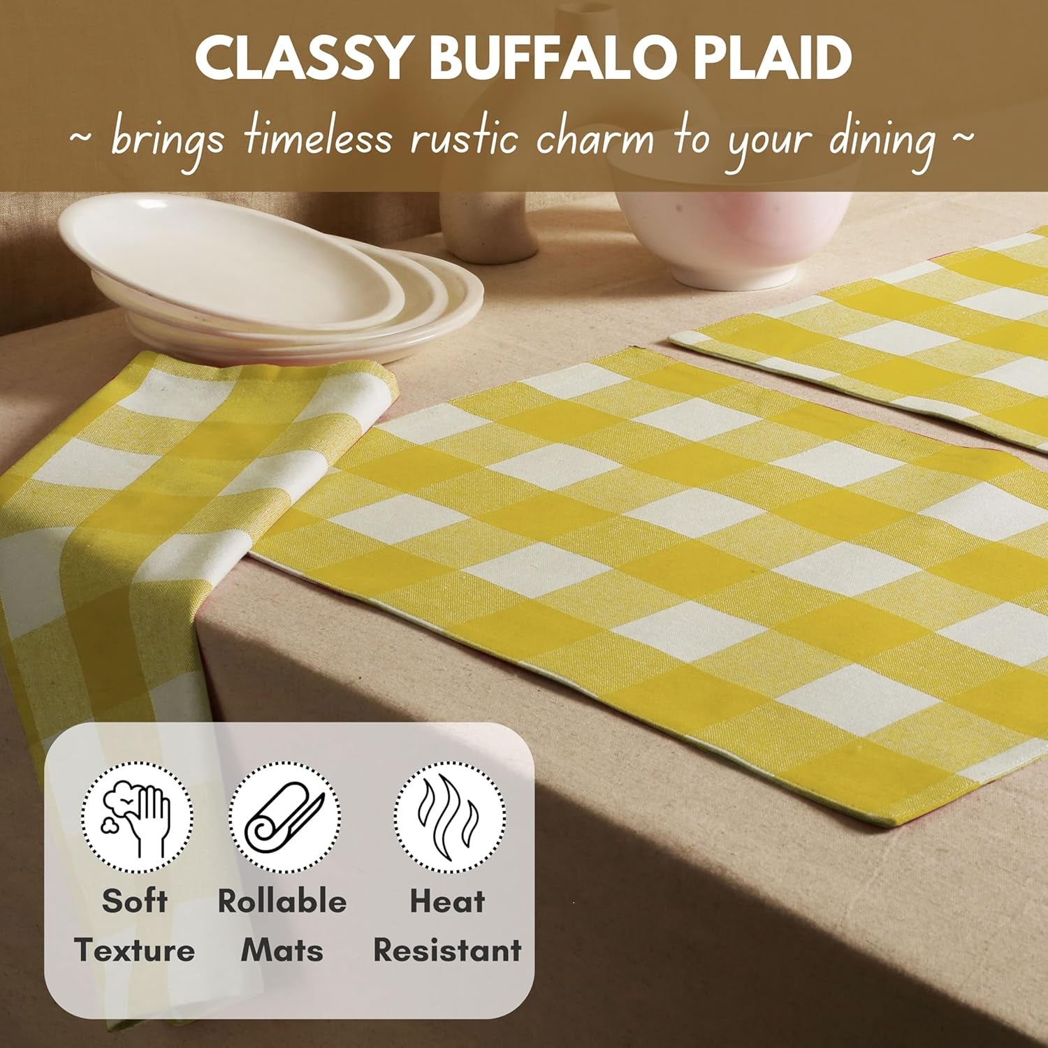 Cotton Placemat 13X19 Inches, Heat Resistant, Buffalo Plaid Place Mats Set of 4, Decorative Reversible Check Pattern Placemats for Dining Decor, Kitchen, Lemon Yellow, White