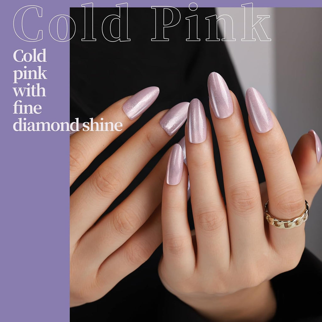 Press on Nails Almond, 6 Colors Cat Eye Press on Nails, Natural Fake Nails Glossy French Tip, Cat Eye Nails for Women Salon Quality, Christmas Iridescent Chrome Press on Nails Kit
