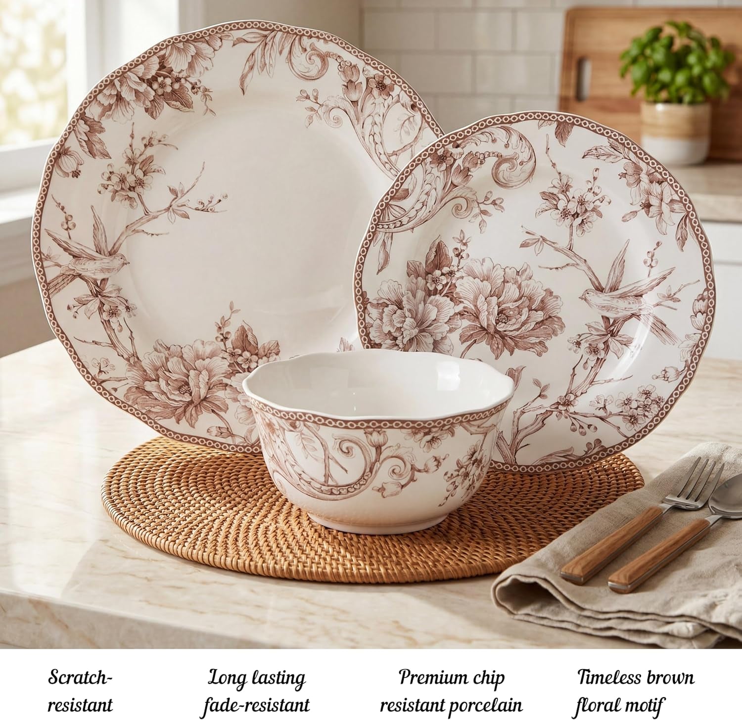 Adelaide Brown on White 12-Piece Dinnerware Set – Service for 4, Big Dinner Plates and Bowls Sets,Durable Porcelain, Microwave and Dishwasher Safe, for Everyday Dining & Entertainment
