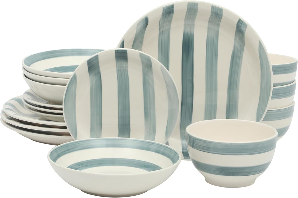 Kenwood Shores 16 Piece Dinnerware Set, Blue Striped, Hand-Painted Stoneware Dishes, Plates and Bowls, Service for 4, Microwave & Dishwasher Safe