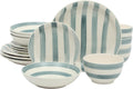 Kenwood Shores 16 Piece Dinnerware Set, Blue Striped, Hand-Painted Stoneware Dishes, Plates and Bowls, Service for 4, Microwave & Dishwasher Safe