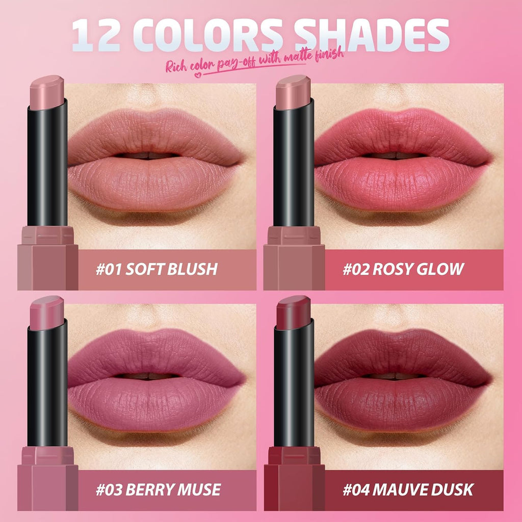 10Pcs Velvet Matte Lipstick Nude Matte Soft Dark Color Stick High Pigmented Long-Lasting Waterproof Lip Stick Lip Balm Beauty Cosmetics Gift for Women(Curated 10-Shade Set)