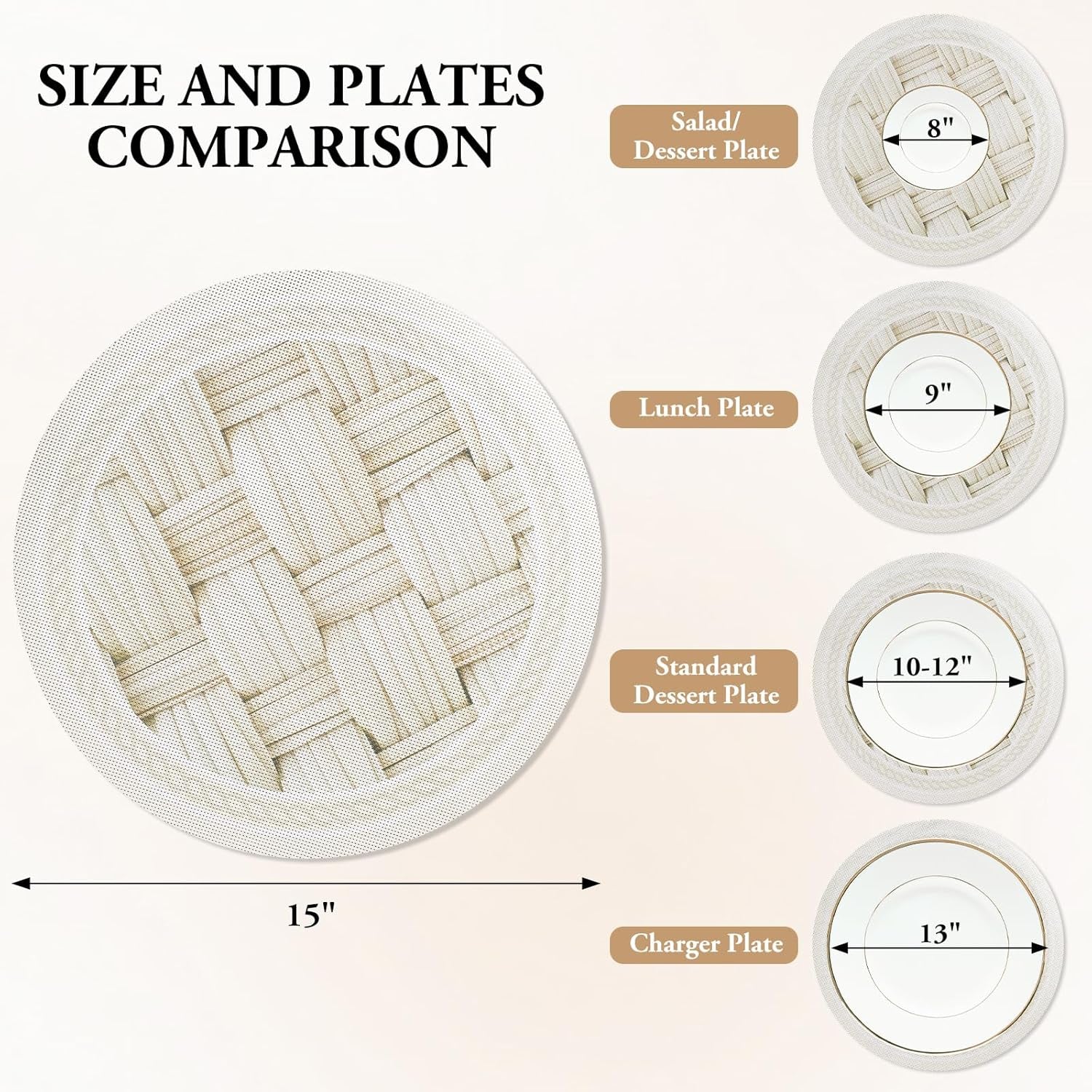 15 Inch round Placemats Set of 4,Washable Wipeable Durable Place Mats for Dining Table,Kitchen Decor, Non Slip Lace PVC Vinyl Braided Table Mats(4, Cross-Weave Straw)