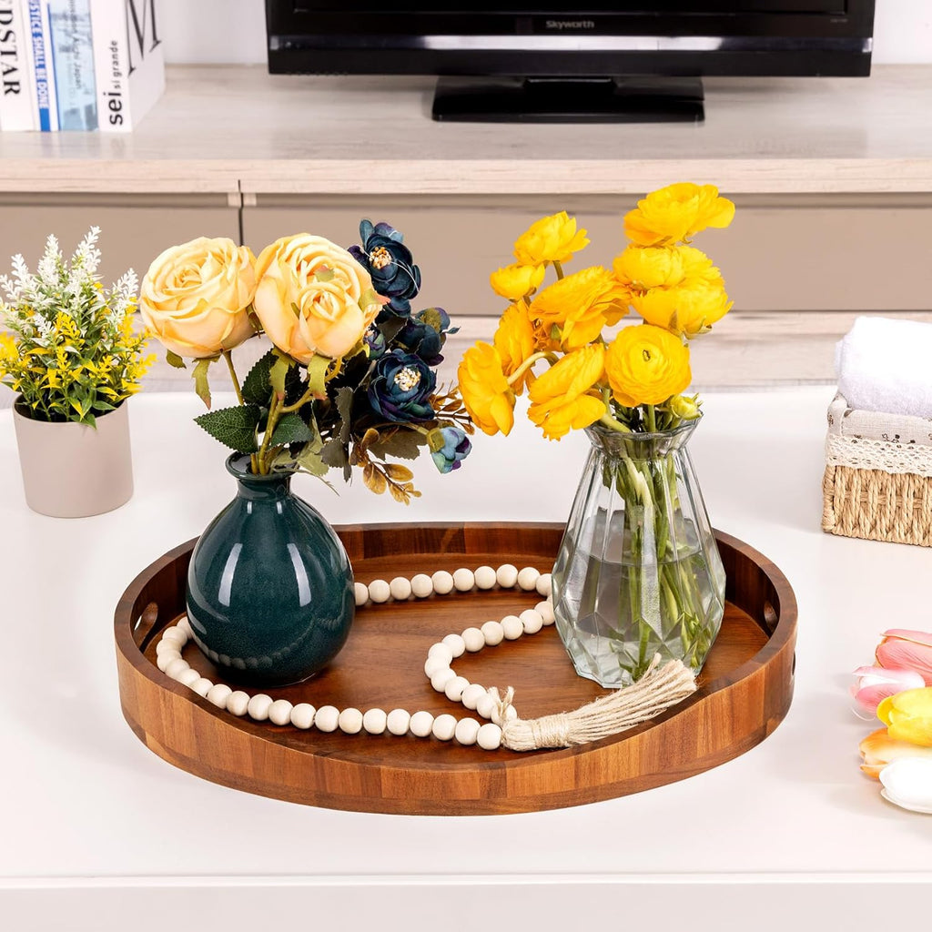 Acacia Wood Serving Tray with Handles, Decorative Ottoman Tray Platter for Breakfast in Bed, Living Room, Coffee Table, Lunch, Dinner, Bathroom, Candle Display,16.5"X13"