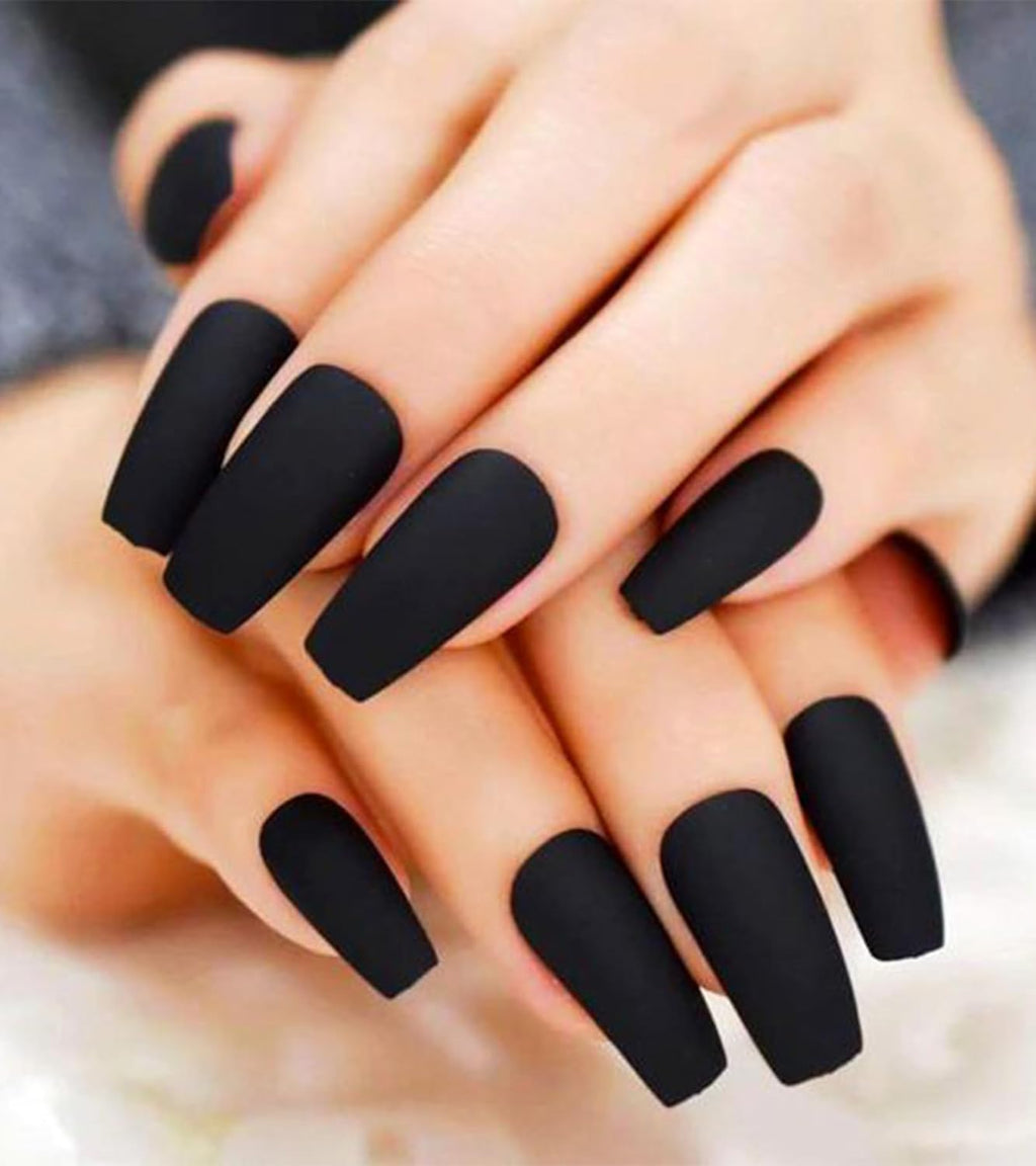 Press on Nails - Black Velvet Coffin Matte Fake Nails, Long, Solid Color Stick on Nails in 12 Sizes, 24PCS Glue on Nails