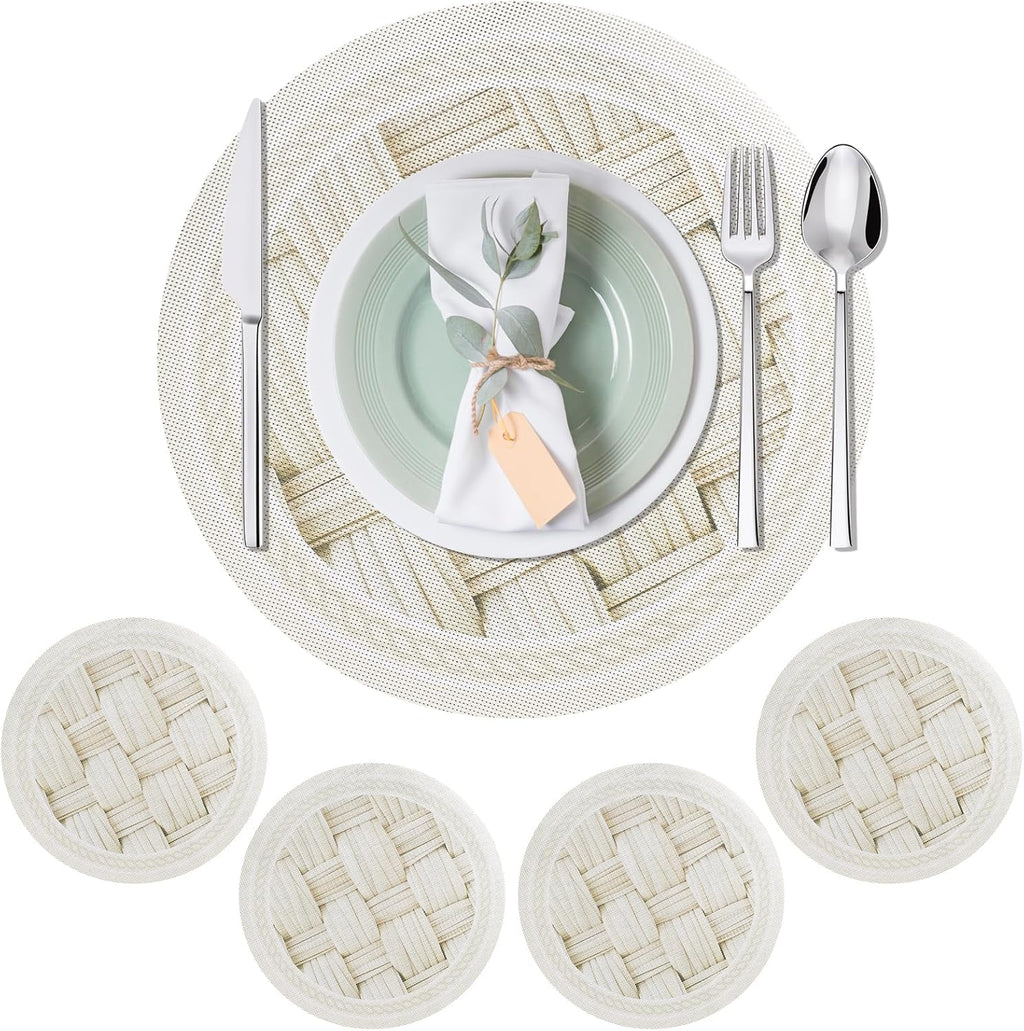 15 Inch round Placemats Set of 4,Washable Wipeable Durable Place Mats for Dining Table,Kitchen Decor, Non Slip Lace PVC Vinyl Braided Table Mats(4, Cross-Weave Straw)