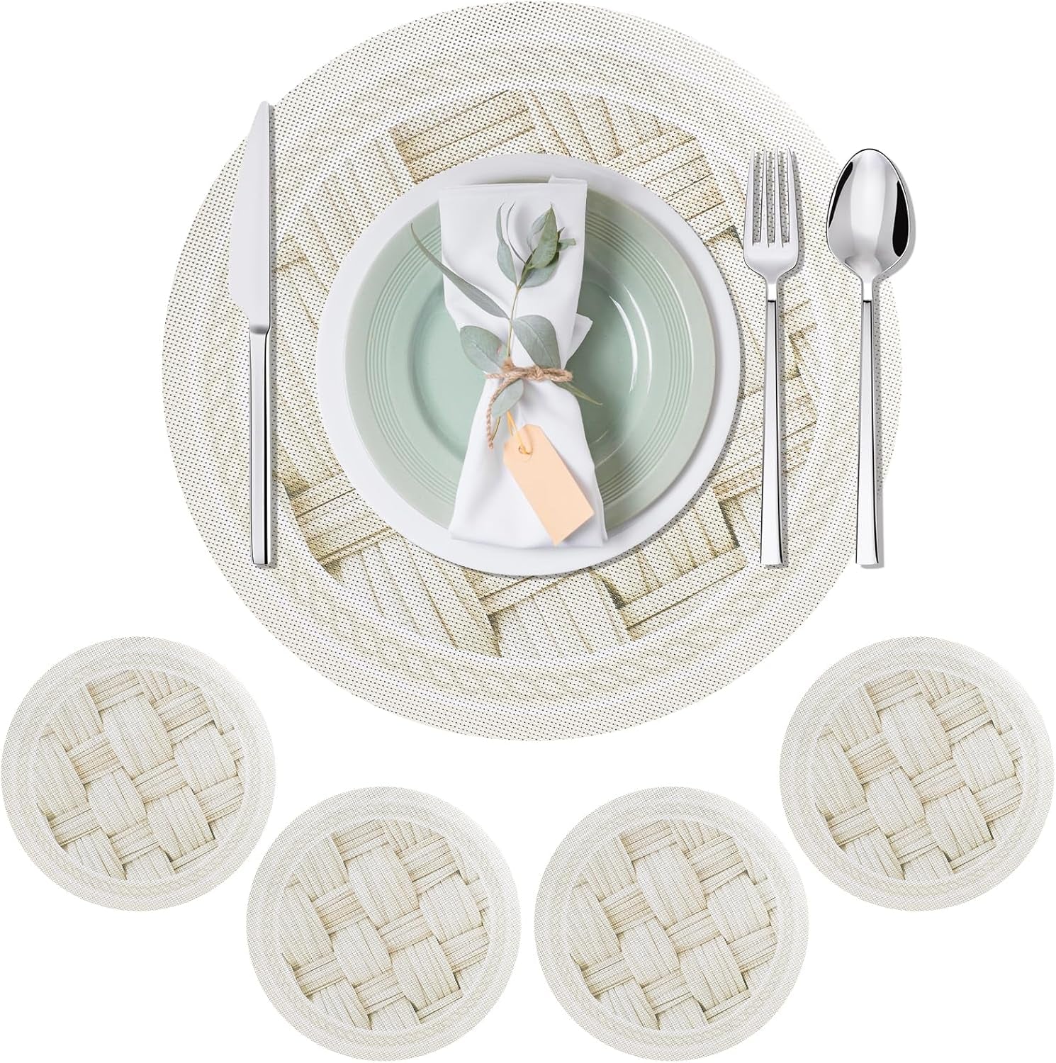 15 Inch round Placemats Set of 4,Washable Wipeable Durable Place Mats for Dining Table,Kitchen Decor, Non Slip Lace PVC Vinyl Braided Table Mats(4, Cross-Weave Straw)