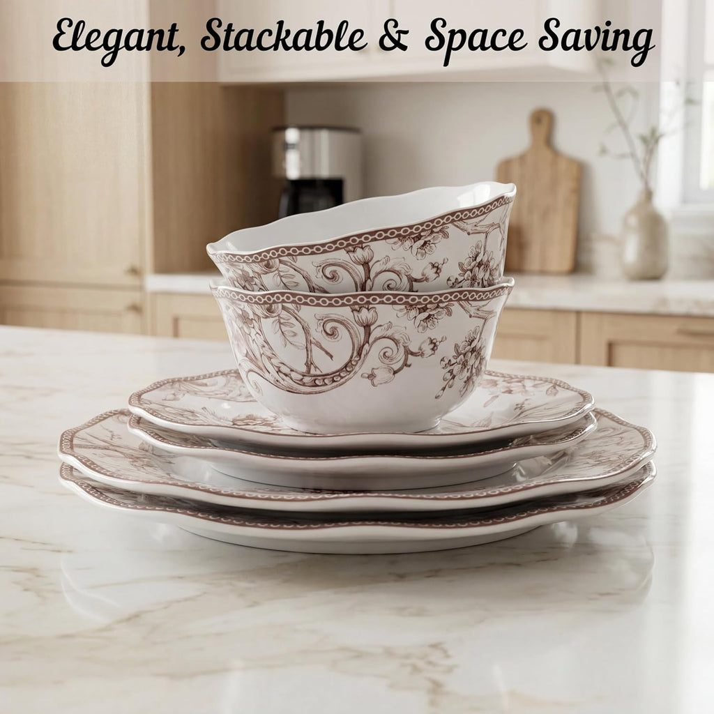 Adelaide Brown on White 12-Piece Dinnerware Set – Service for 4, Big Dinner Plates and Bowls Sets,Durable Porcelain, Microwave and Dishwasher Safe, for Everyday Dining & Entertainment
