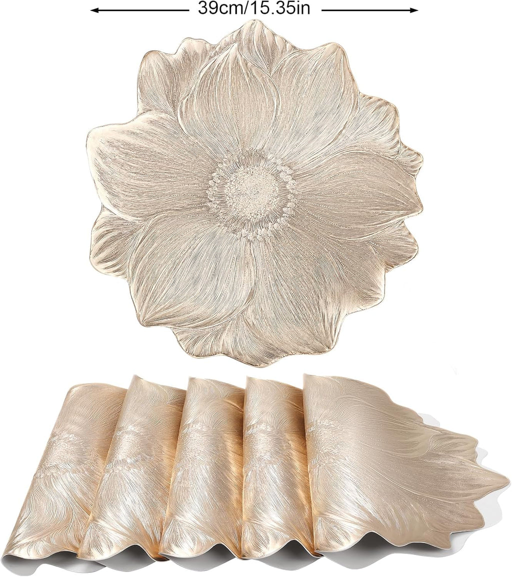 Gold Metallic round Placemats 15" Set of 6, Pressed Lotus Flower Design, Washable & Non-Slip Vinyl - Perfect for Dinner, Holiday, Wedding Decor & Party Table Settings